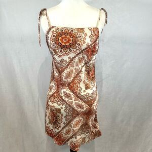 Molly Green white and rust boho tie shoulder satin slip mini dress size small